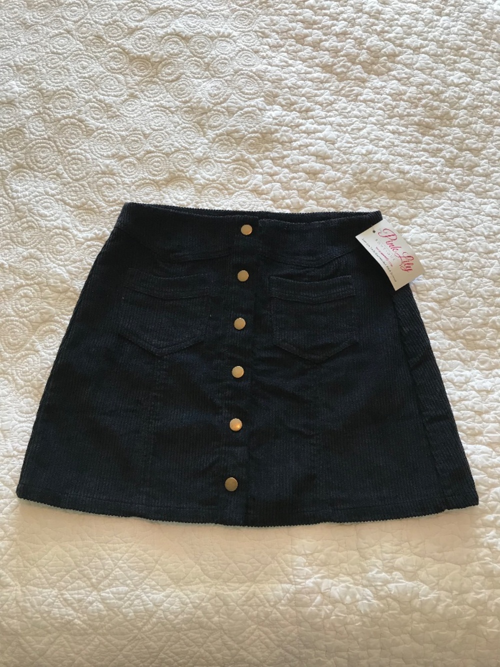 NWT Pink Lily “Falling through time” 💯% cotton black corduroy miniskirt (S)